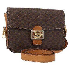 Authentic CELINE Macadam Canvas Shoulder Bag PVC Leather Brown Gold